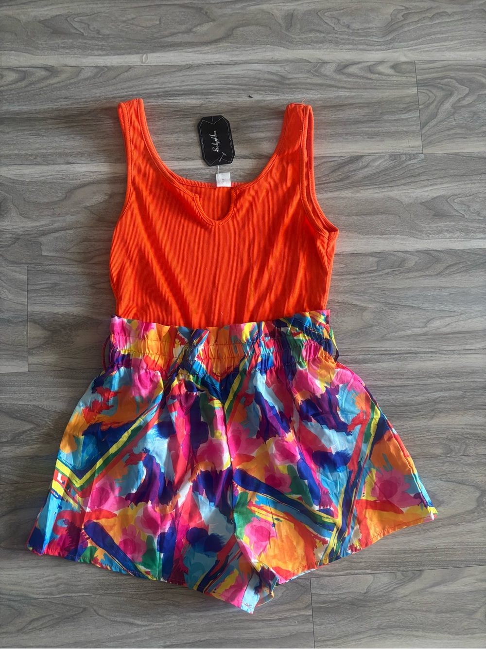 Bright Orange Tank Romper with Multicolor Floral Shorts